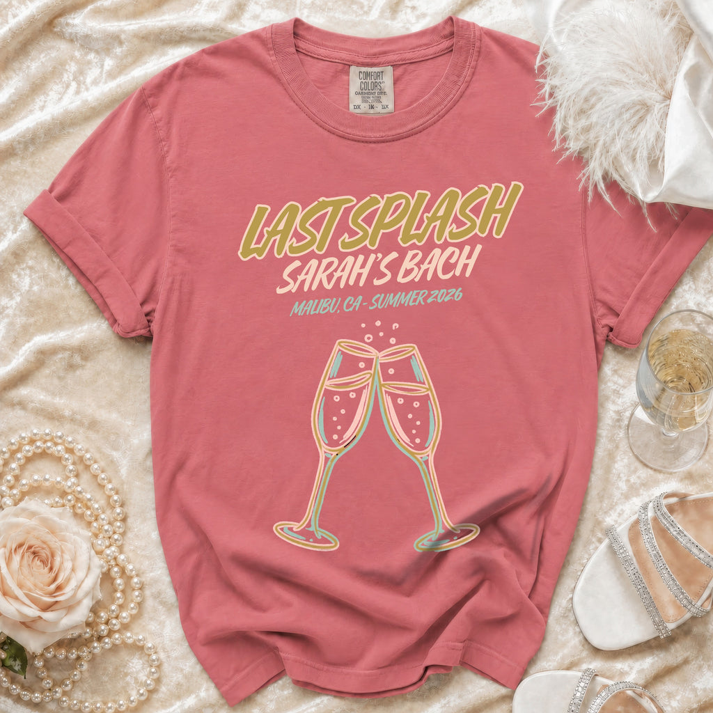 Salmon t-shirt with "Last Splash Sarah's Bach Malibu, CA-Summer 2026" text.