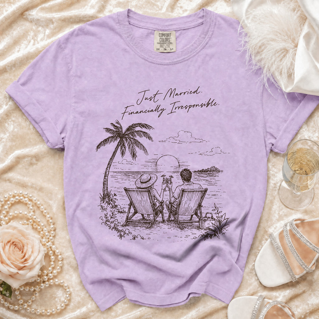 Lavender t-shirt with "Just Married. Financially Irresponsible." text and beach illustration.