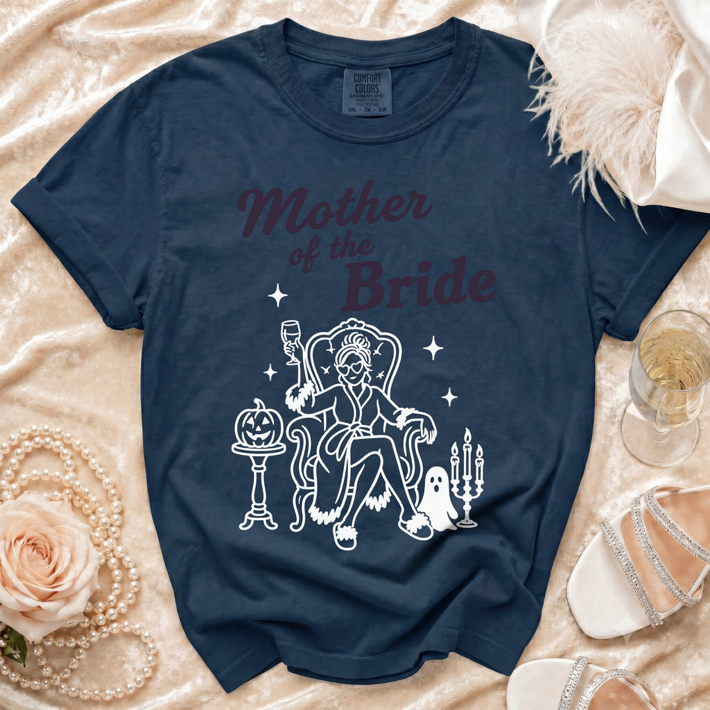 Dark blue shirt with "Mother of the Bride" text and Halloween-themed graphic.