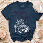 Dark blue shirt with "Mother of the Bride" text and Halloween-themed graphic.
