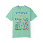 Mint t-shirt with "Last Splash Malibu Summer 2026 Sarah's Bach" and tropical graphics.