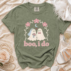 Green t-shirt with ghost bride and groom graphic saying "boo, i do".