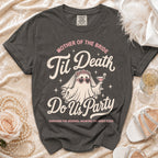 Mother of the Bride T-shirt with ghost, "Til Death Do Us Party," and bridal accessories.