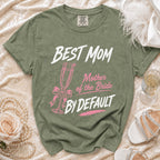 Olive green t-shirt with "BEST MOM Mother of the Bride BY DEFAULT" text and champagne flute graphic.