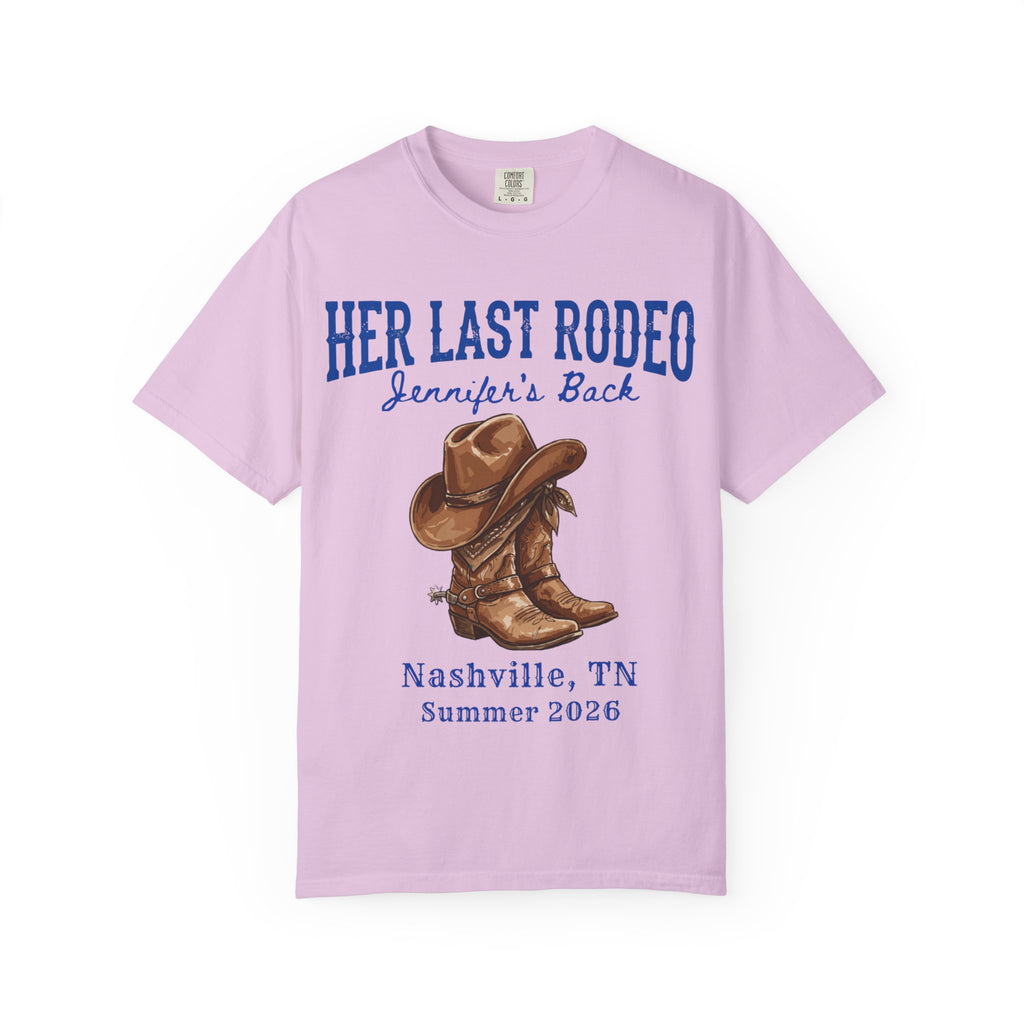 Lavender t-shirt with cowboy boots and "Her Last Rodeo Jennifer's Back" text.