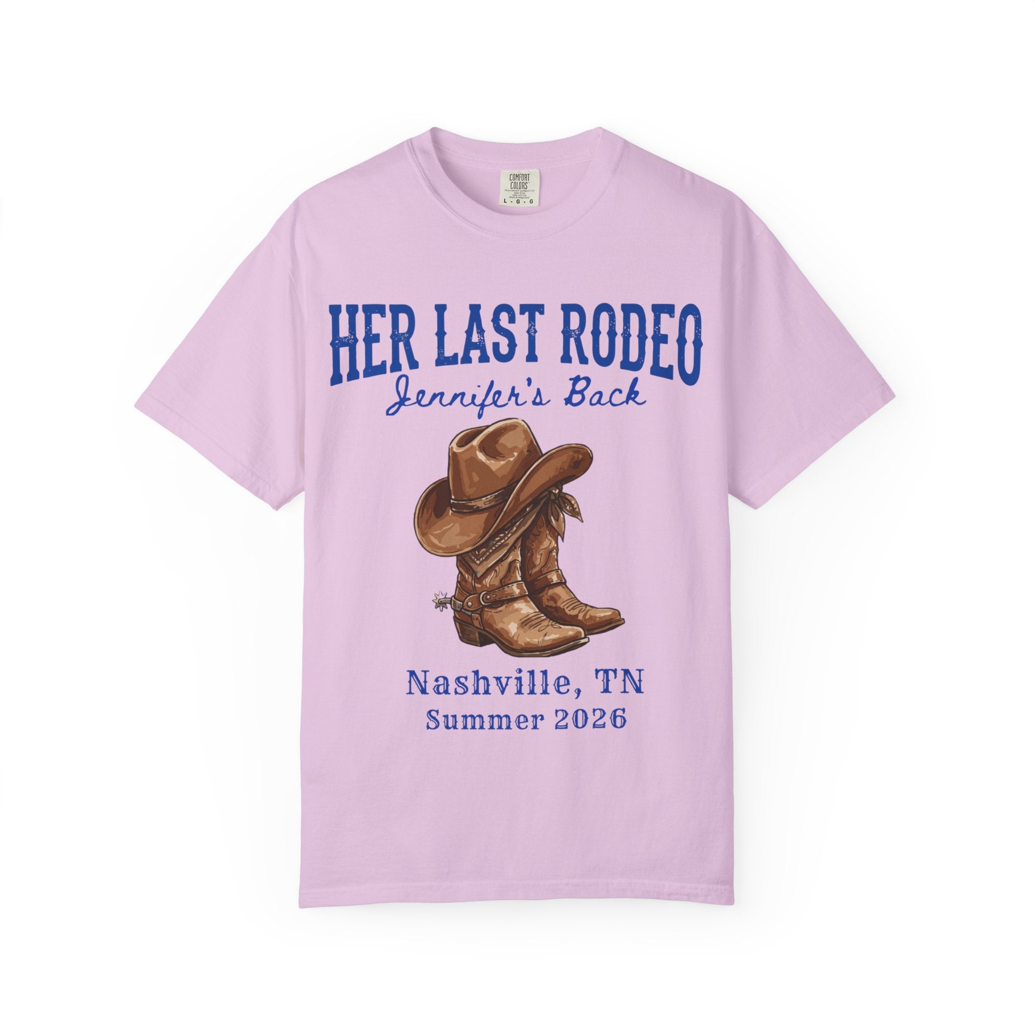 Lavender t-shirt with cowboy boots and "Her Last Rodeo Jennifer's Back" text.