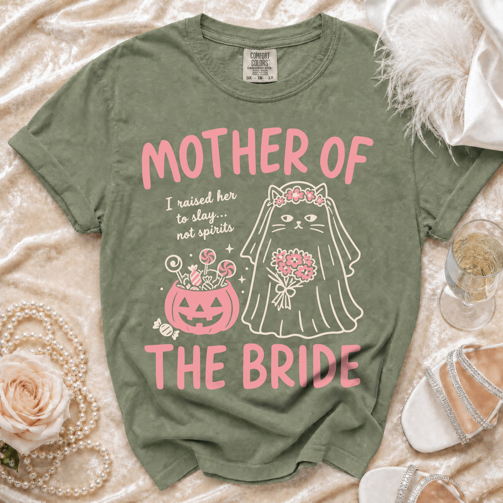 Green t-shirt with pink text "MOTHER OF THE BRIDE" and a cat bride graphic.