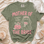 Green t-shirt with pink text "MOTHER OF THE BRIDE" and a cat bride graphic.