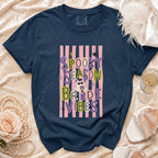 Navy t-shirt with "Spooky Season Bride Vibes" text and ghost graphic.