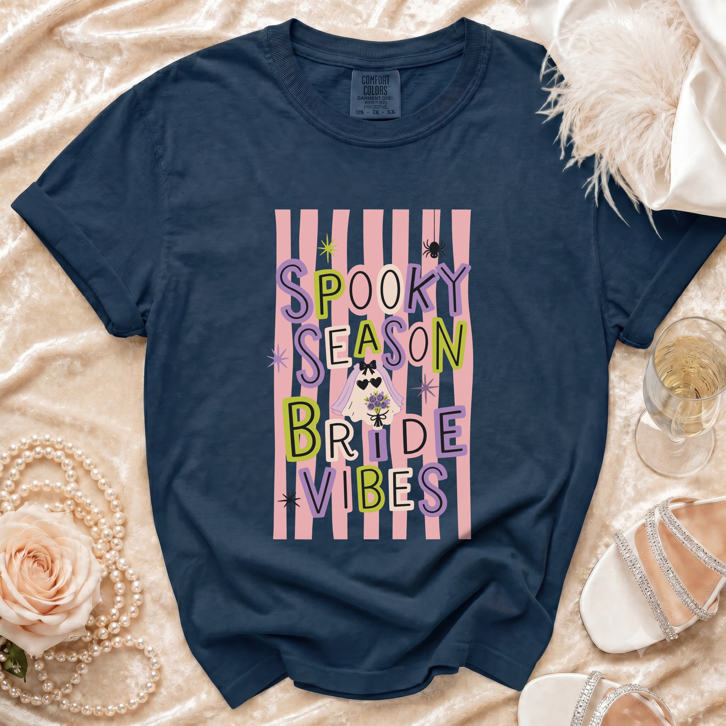 Navy t-shirt with "Spooky Season Bride Vibes" text and ghost graphic.