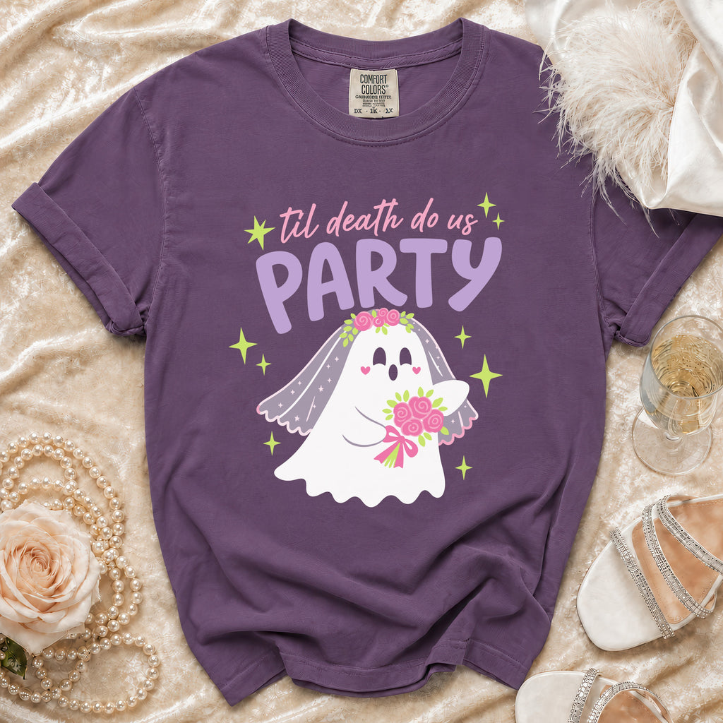 Purple t-shirt with bride ghost graphic and text "til death do us PARTY".