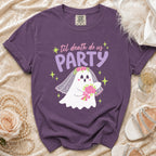 Purple t-shirt with bride ghost graphic and text "til death do us PARTY".