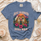 Blue t-shirt with two leopards wearing a veil and bow tie, "Just Married Still Wild" text.