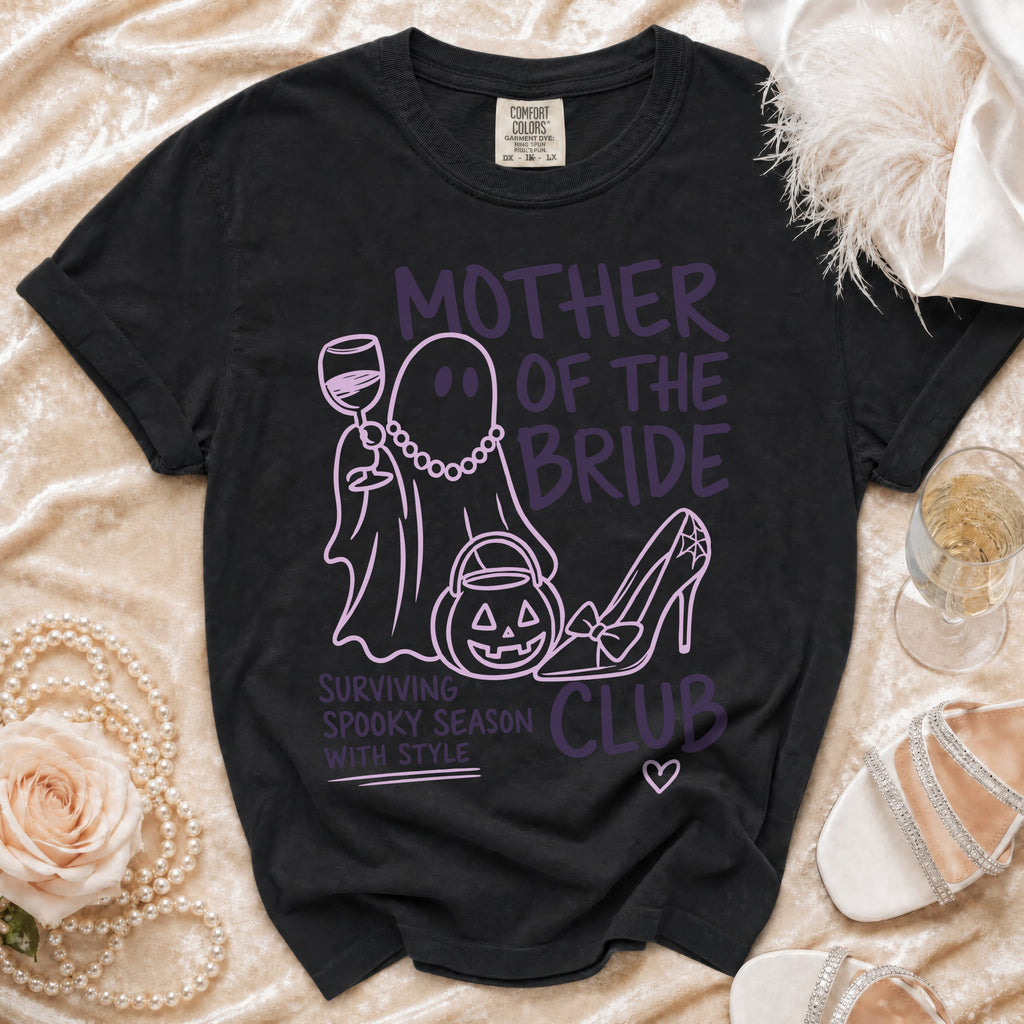 Black t-shirt with "Mother of the Bride" text, ghost, pumpkin, and high heel design.