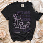 Black t-shirt with "Mother of the Bride" text, ghost, pumpkin, and high heel design.
