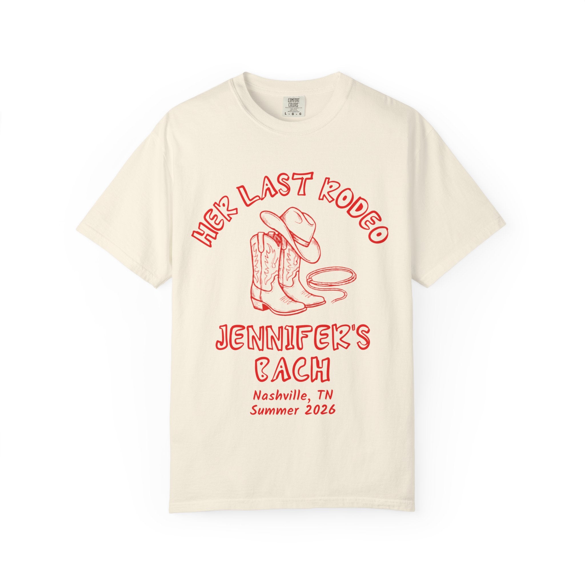 Cream t-shirt with "Her Last Rodeo" graphic featuring cowboy boots and lasso.