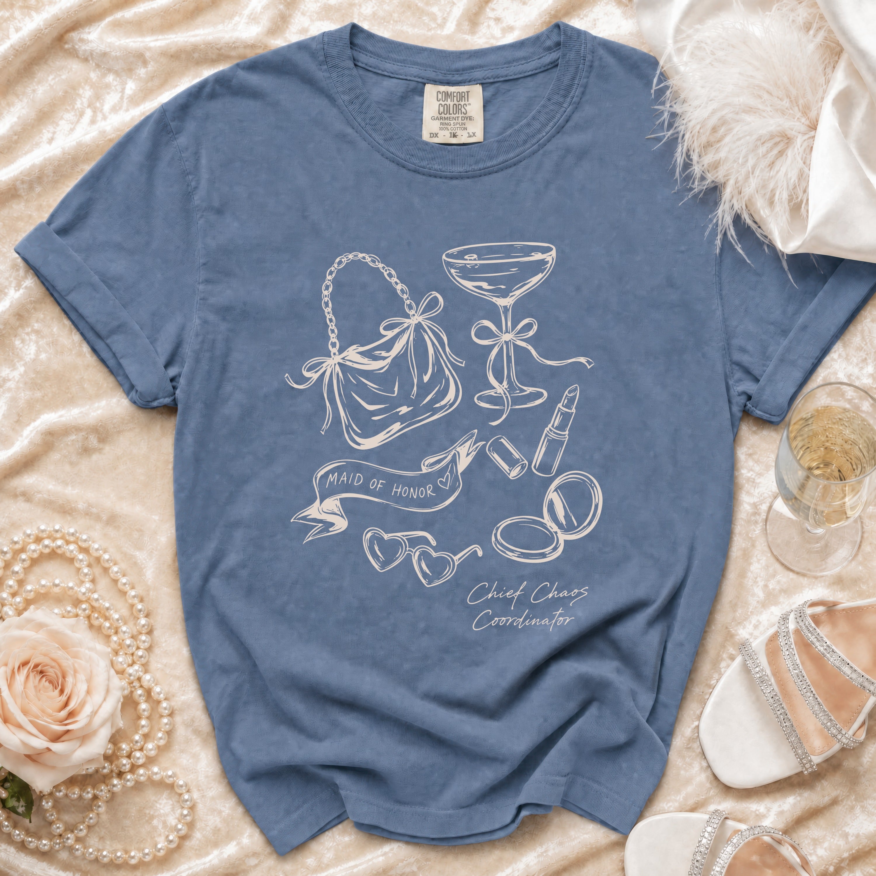 Blue t-shirt with "Maid of Honor" and "Chief Chaos Coordinator" graphic.