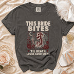 T-shirt with skeleton bride graphic and text "This Bride Bites 'Til Death Looks Good On Me."