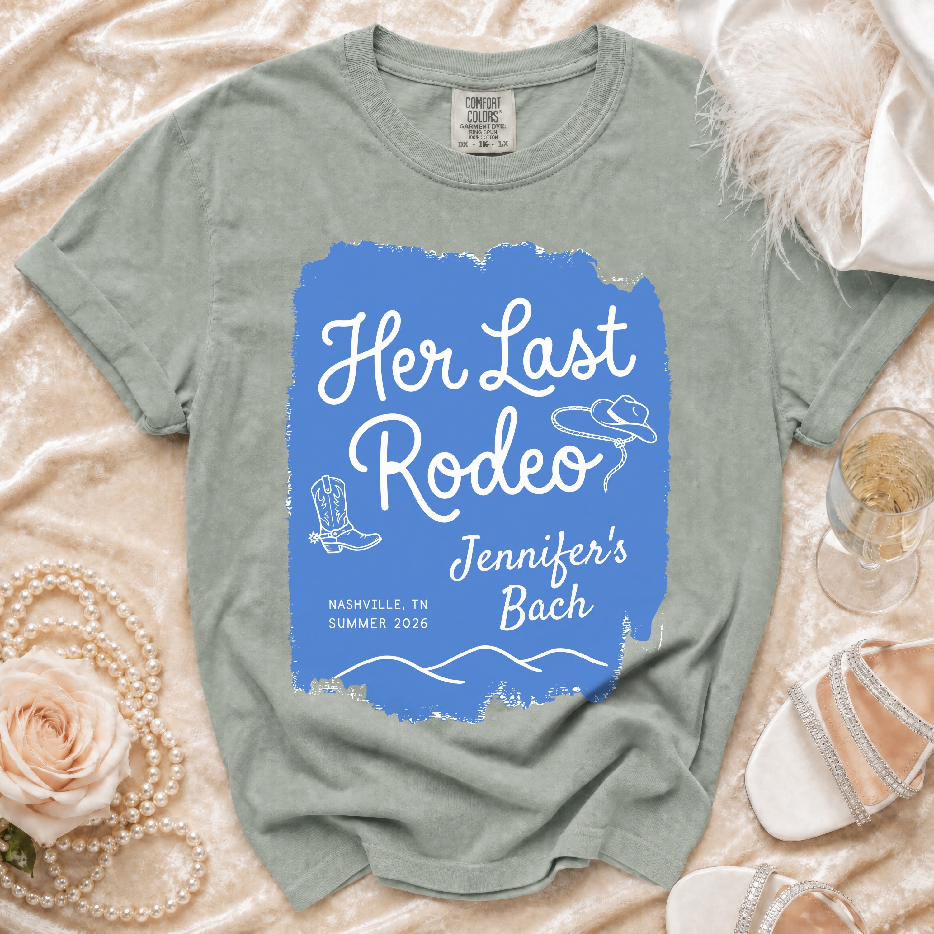 Comfort Colors t-shirt with "Her Last Rodeo" and "Jennifer's Bach" text.