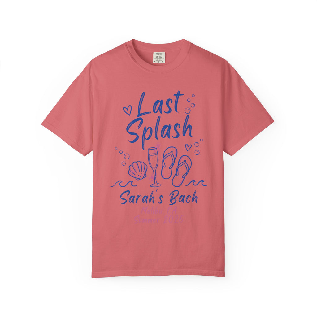 Coral t-shirt with "Last Splash" text and beach icons.