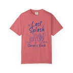 Coral t-shirt with "Last Splash" text and beach icons.