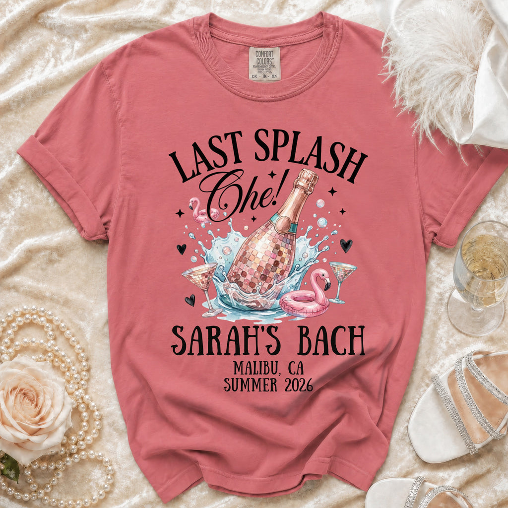 "Last Splash" Sarah's Bach t-shirt with champagne and flamingo pool float.
