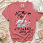 "Last Splash" Sarah's Bach t-shirt with champagne and flamingo pool float.