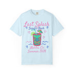 Light blue t-shirt with "Last Splash Sarah's Bach Malibu, Ca Summer 2026" design.