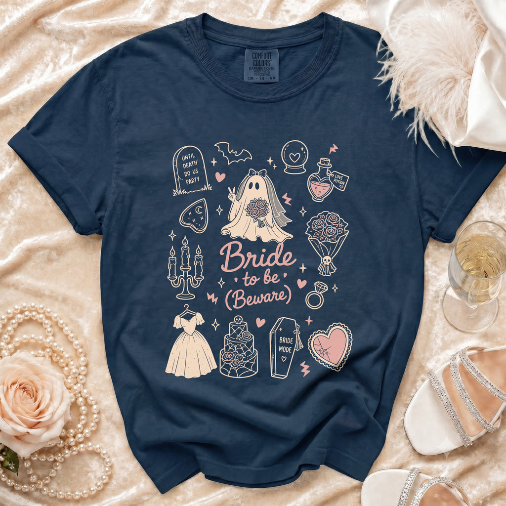 Dark blue t-shirt with gothic bride illustrations and text "Bride to be (Beware)".