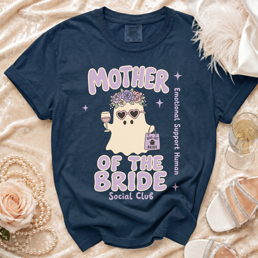 Navy Comfort Colors t-shirt with "Mother of the Bride Social Club" and ghost graphic.