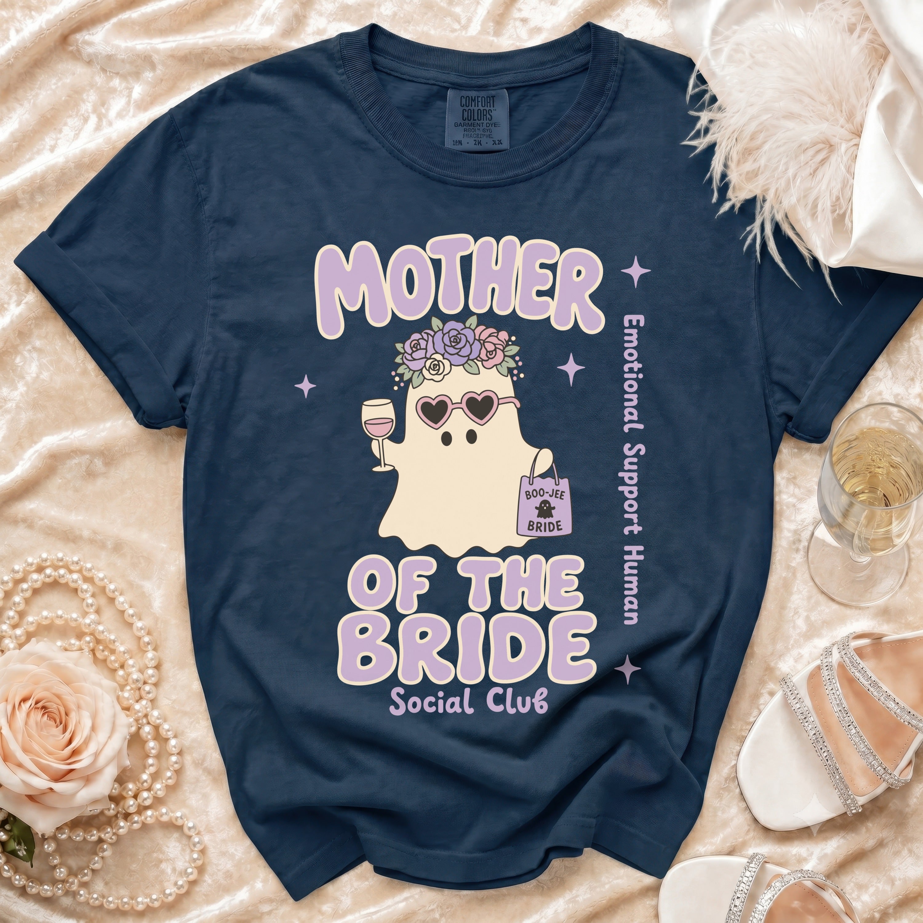 Navy Comfort Colors t-shirt with "Mother of the Bride Social Club" and ghost graphic.