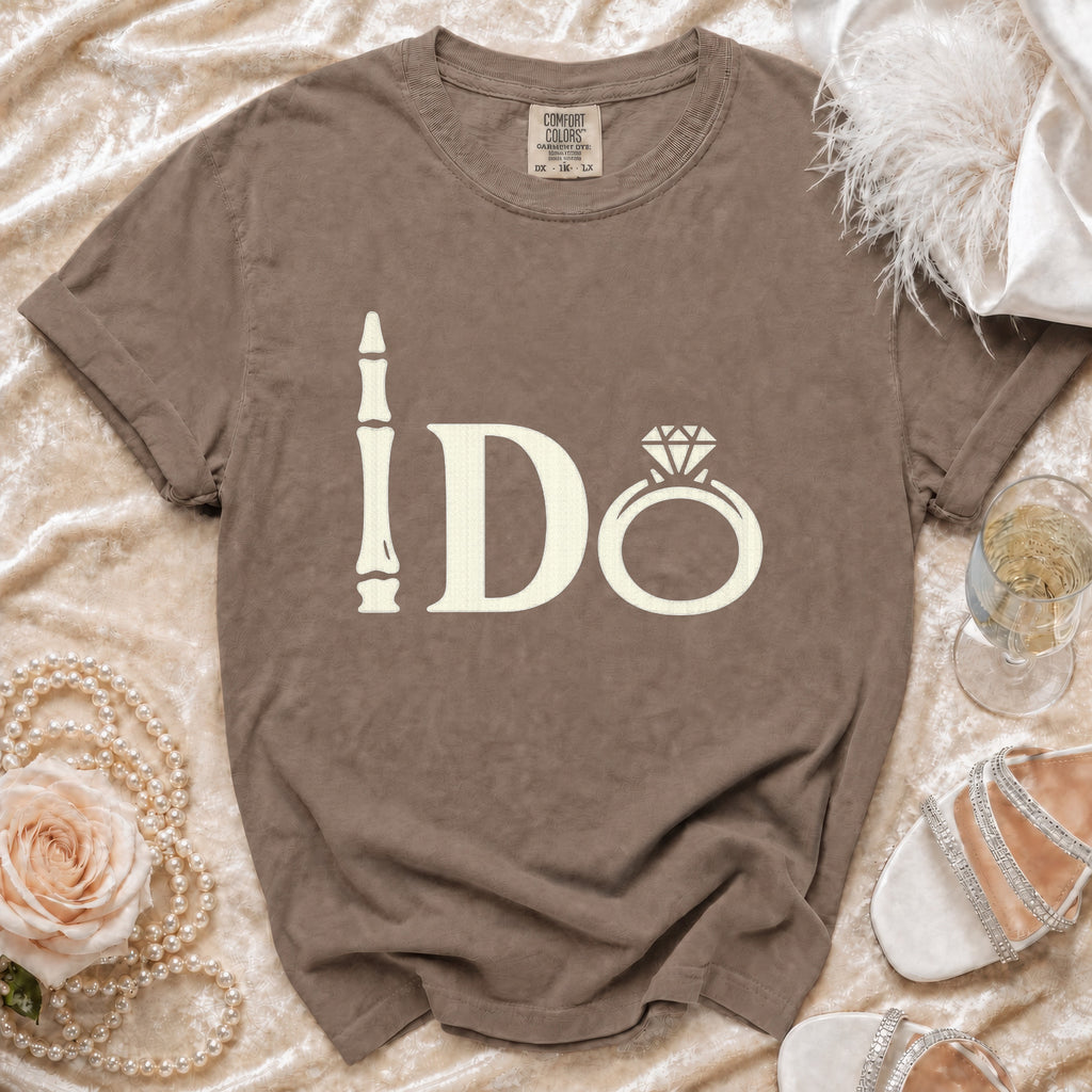 Brown t-shirt with "I Do" text and diamond ring graphic.