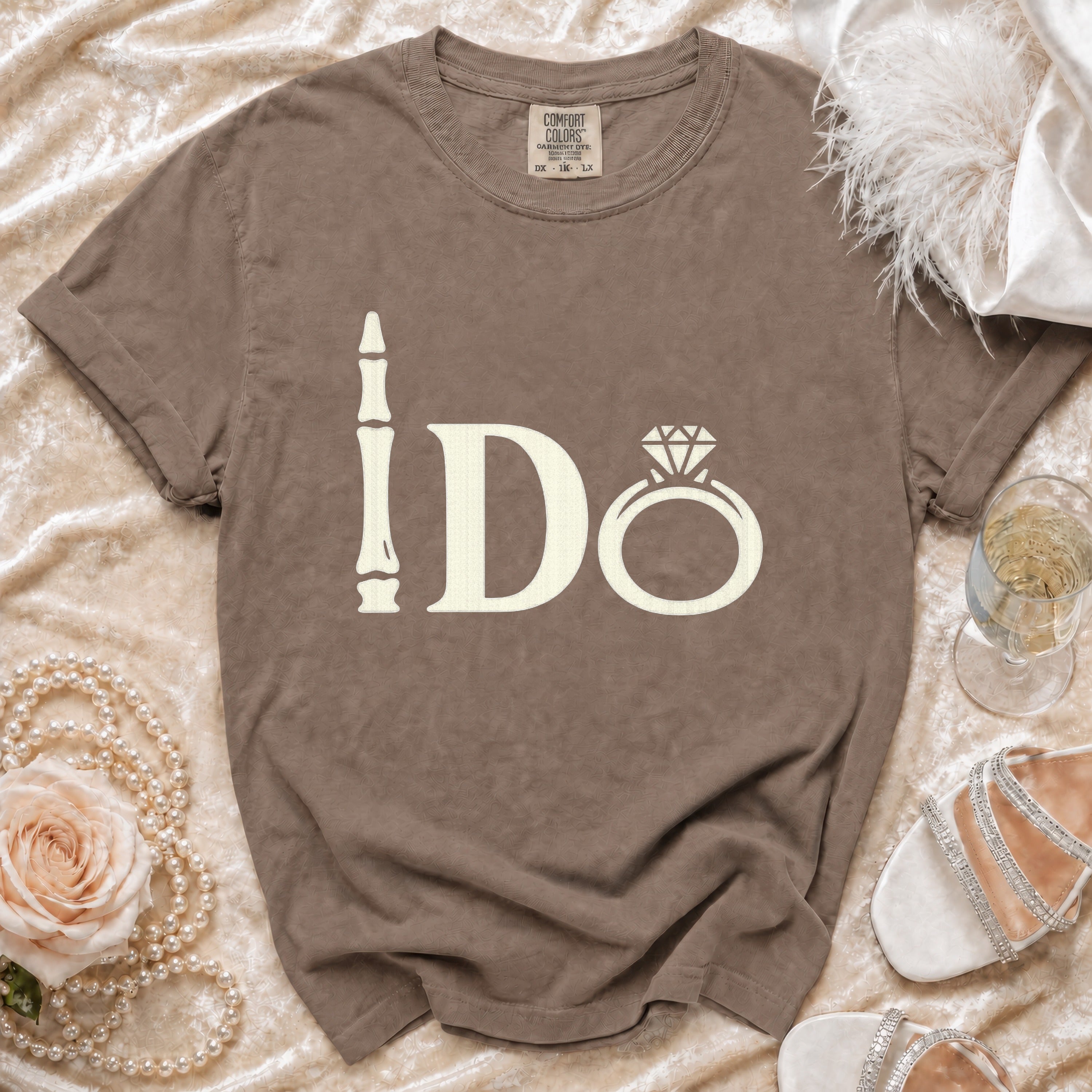 Brown t-shirt with "I Do" text and diamond ring graphic.