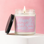Jar candle with pink label reading "Happily ever after starts now"