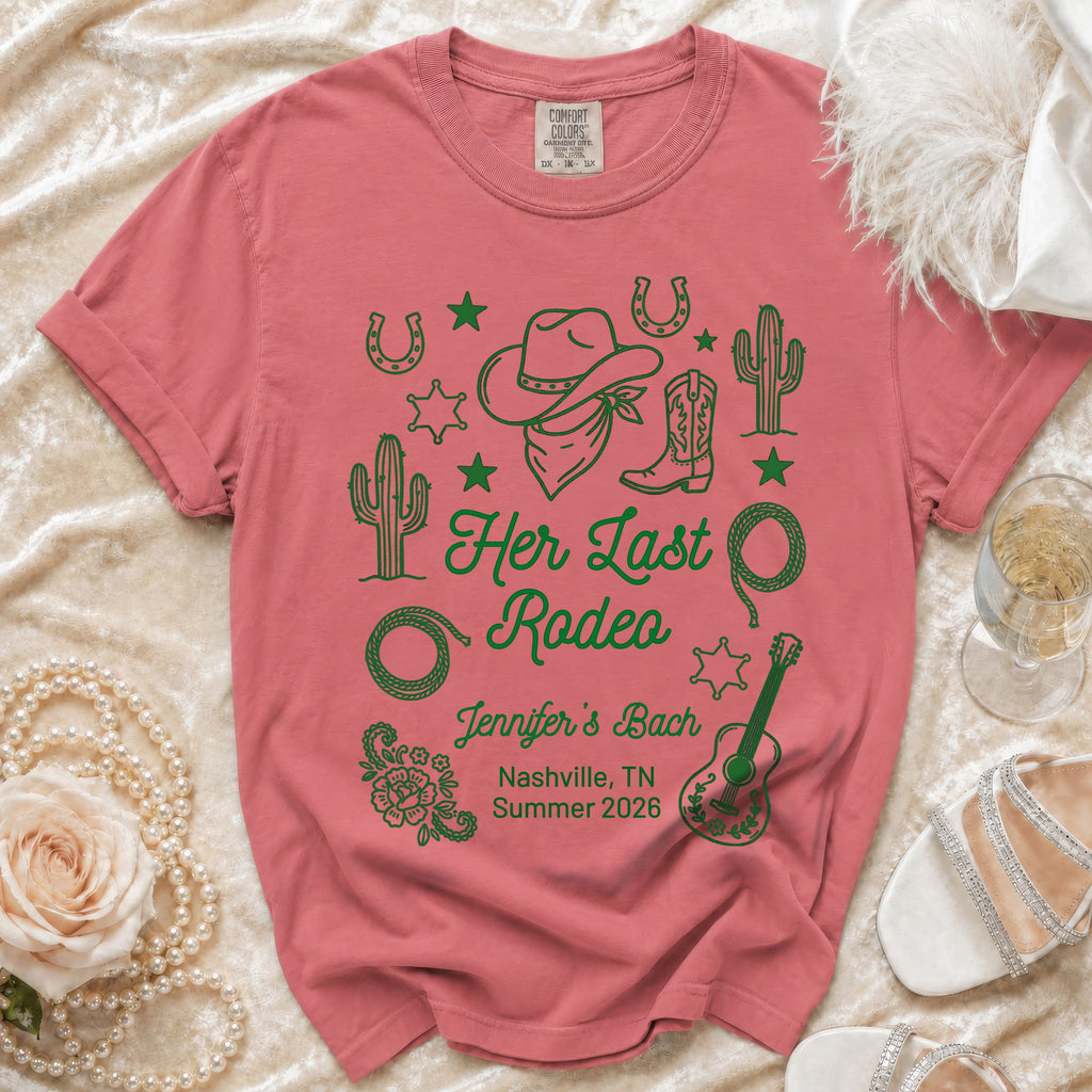 Coral t-shirt with "Her Last Rodeo" Nashville bachelorette graphics.