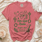 Coral t-shirt with "Her Last Rodeo" Nashville bachelorette graphics.
