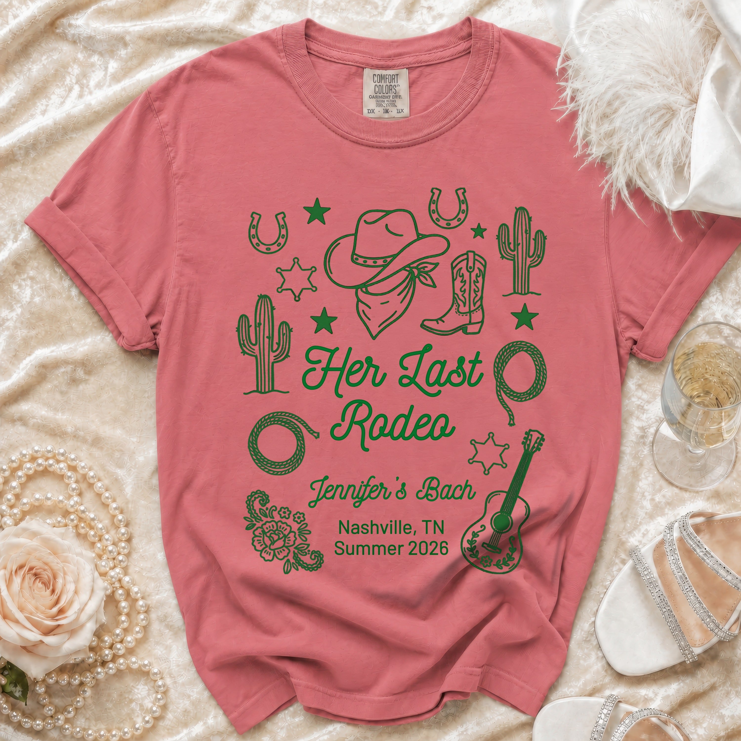 Coral t-shirt with "Her Last Rodeo" Nashville bachelorette graphics.