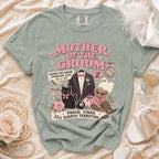 Mother of the Groom t-shirt with a tuxedo, black cat, bear, and text.
