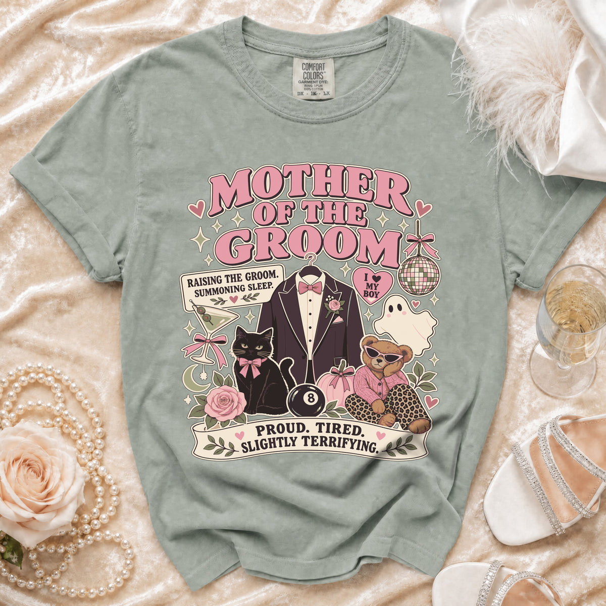 Mother of the Groom t-shirt with a tuxedo, black cat, bear, and text.