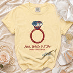 Yellow t-shirt with "Red, White & I Do" and bachelorette details.