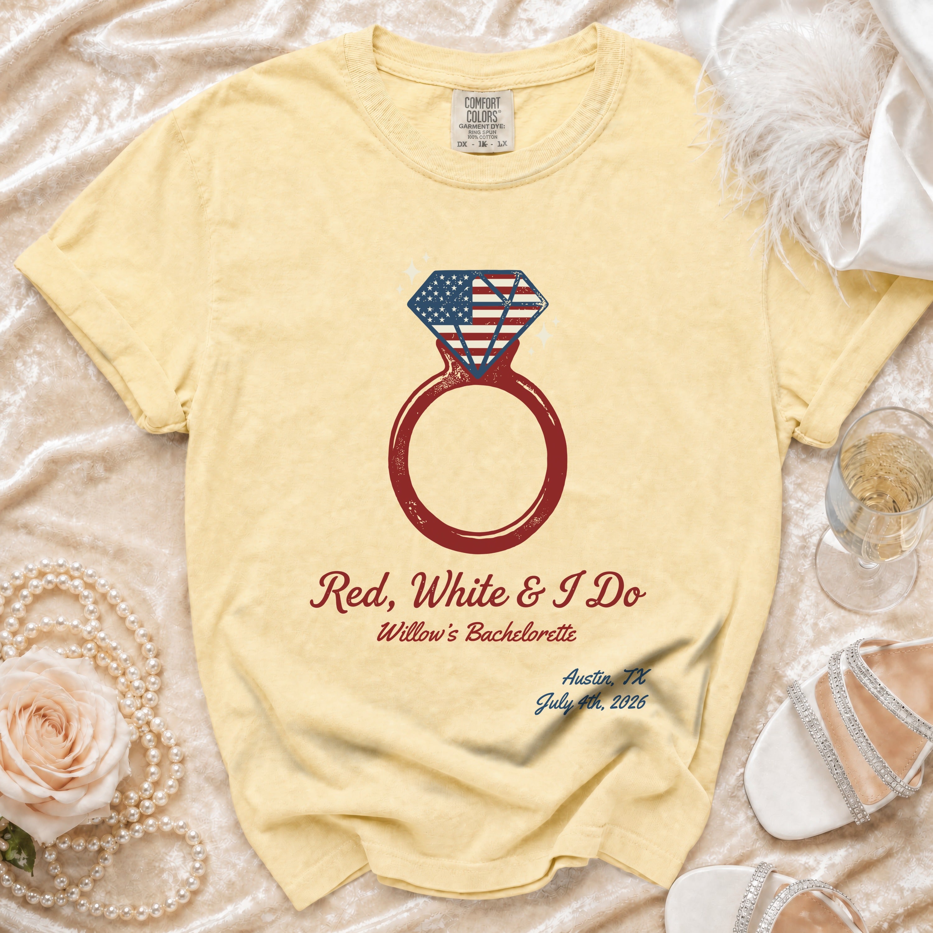 Yellow t-shirt with "Red, White & I Do" and bachelorette details.