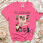 Red, white, and I do bachelorette shirt with patriotic graphics.
