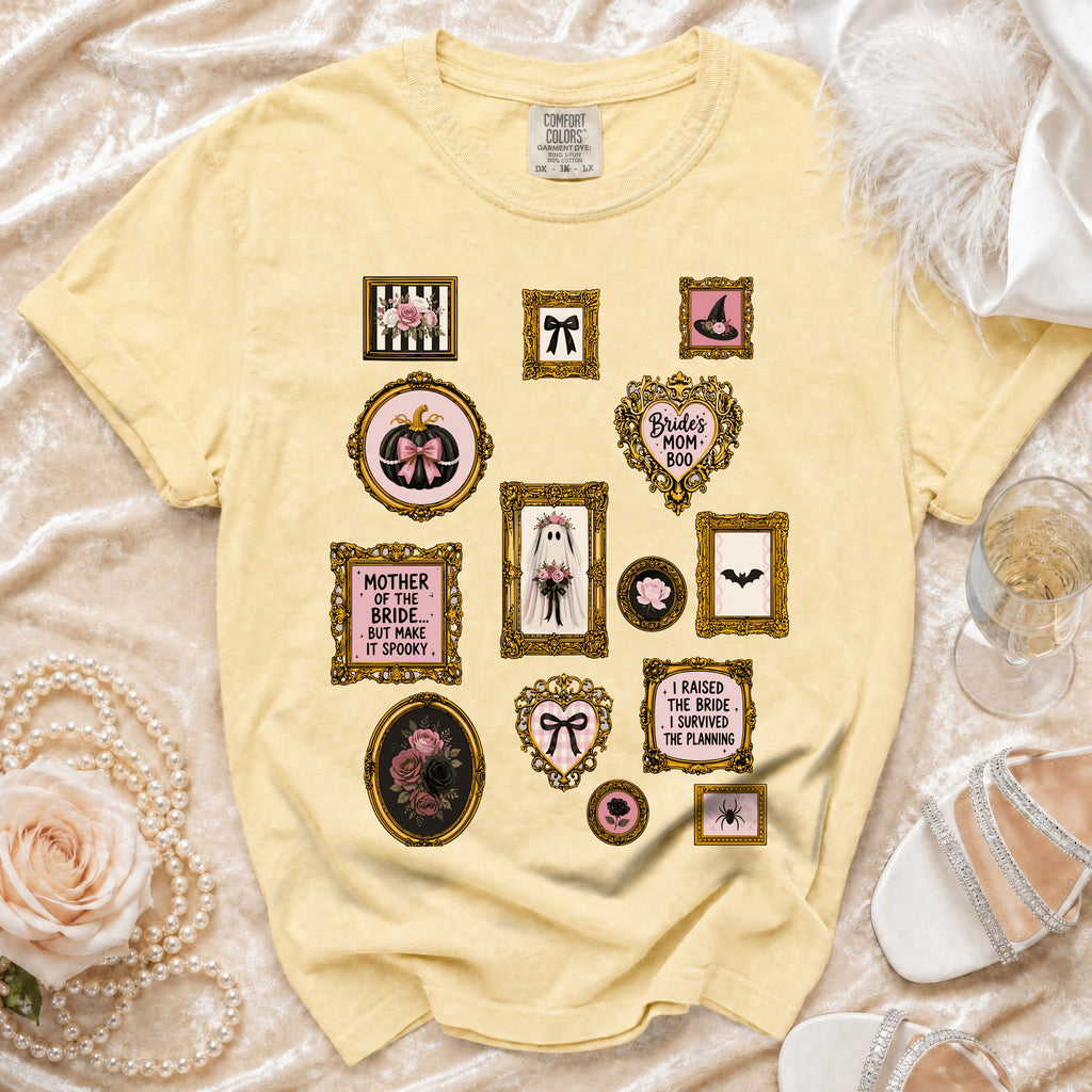 Yellow t-shirt with framed Halloween and bridal graphics including "Bride's Mom Boo" and "Mother of the Bride...Make it Spooky."