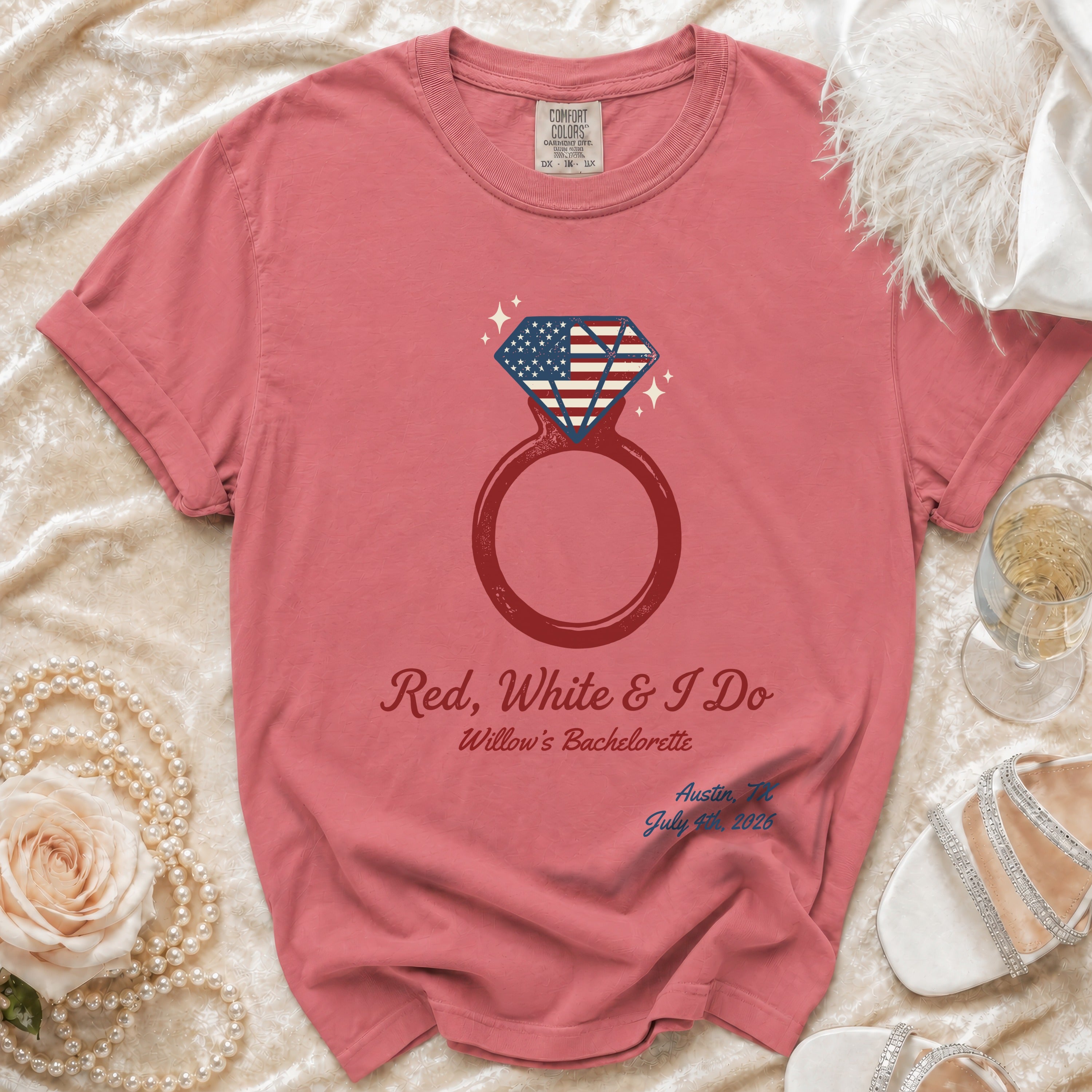 Red, White & I Do bachelorette t-shirt with American flag ring and event details.