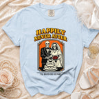 Light blue t-shirt with skeletons in wedding attire cutting a cake.