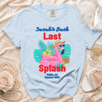 Light blue t-shirt with "Sarah's Bach Last Splash Malibu, CA Summer 2026" text and flamingo graphic.