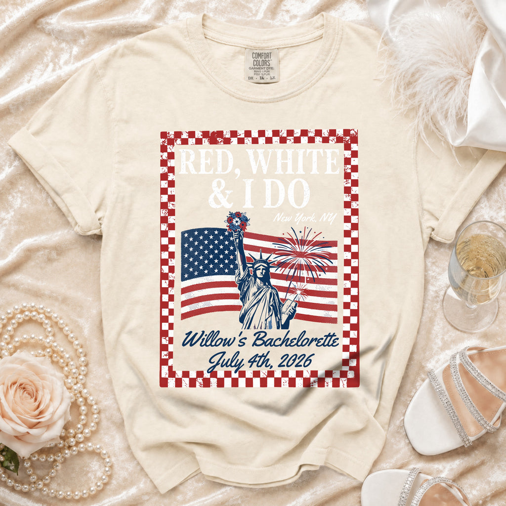 Cream t-shirt with "Red, White & I Do" and bachelorette details.