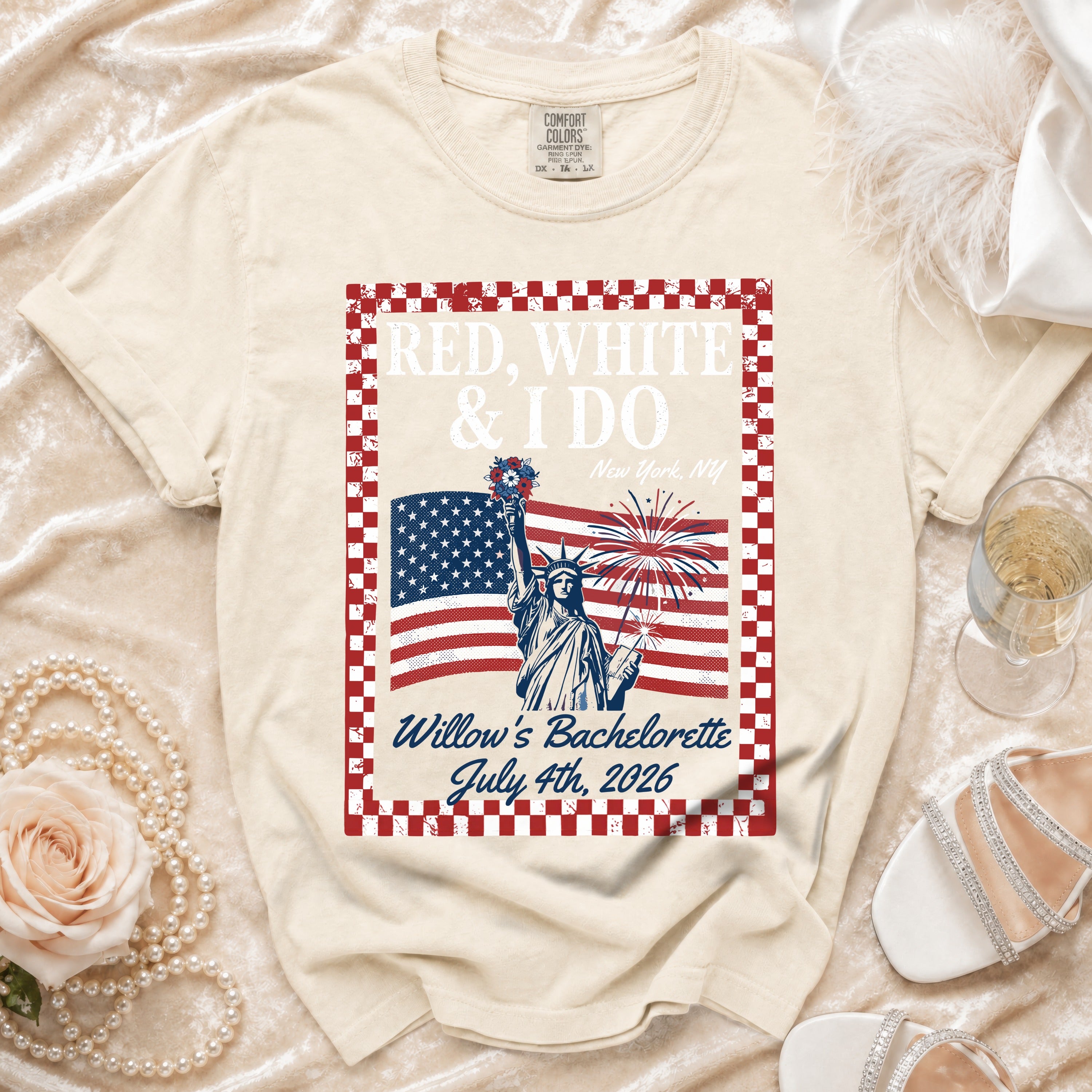 Cream t-shirt with "Red, White & I Do" and bachelorette details.