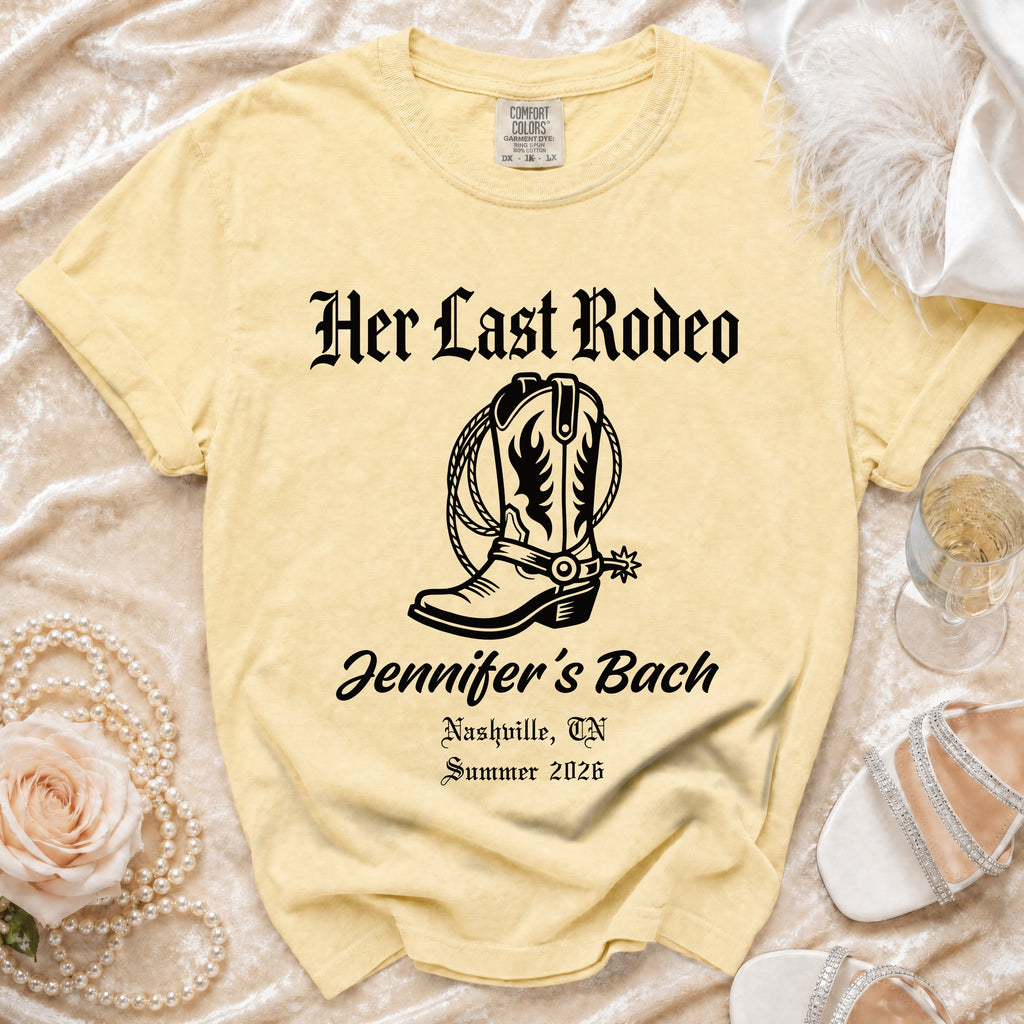 Yellow t-shirt with "Her Last Rodeo Jennifer's Bach" and cowboy boot graphic.