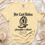 Yellow t-shirt with "Her Last Rodeo Jennifer's Bach" and cowboy boot graphic.